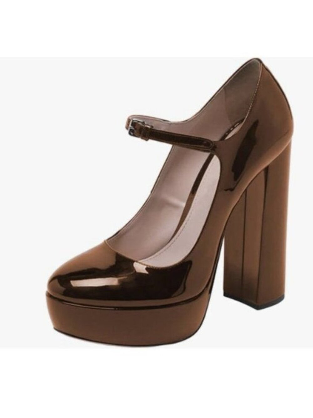FOWT Women Black Round Toe High Chunky Heel Platform Pumps Mary-Jane Brown